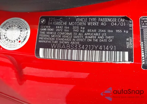 2001 BMW 325Ci from USA, damaged, VIN WBABS33421JY41491